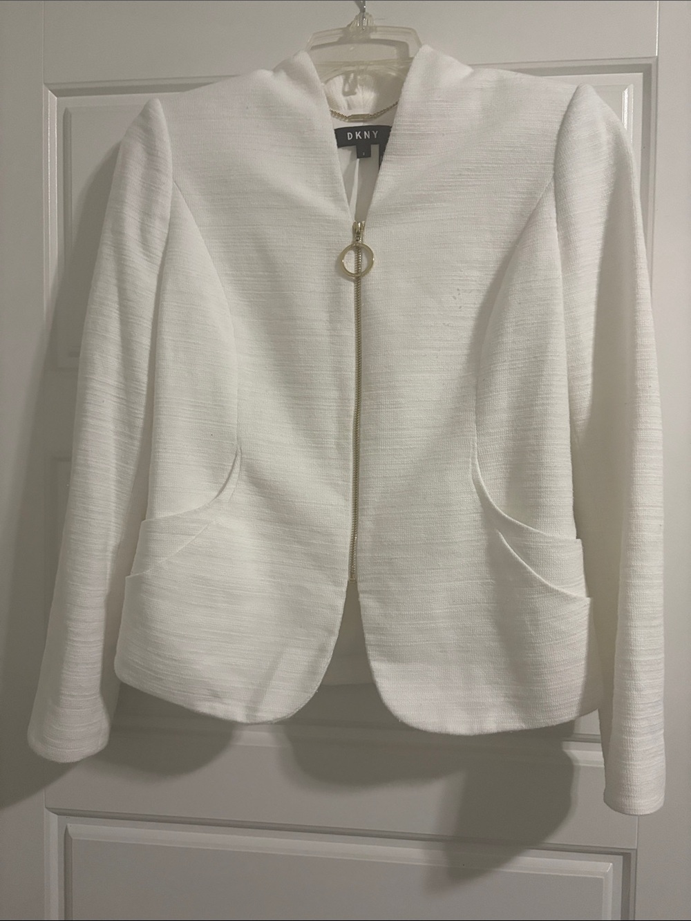 DKNY White Textured Zip-Front Blazer Jacket